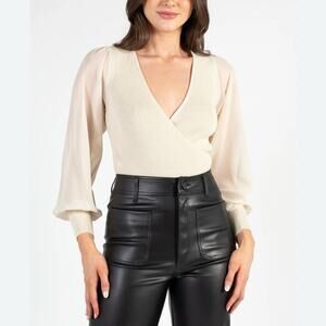 IDEM DITTO Maddie Organza Puff Sleeve Ribbed Knit Surplice Blouse Size Small